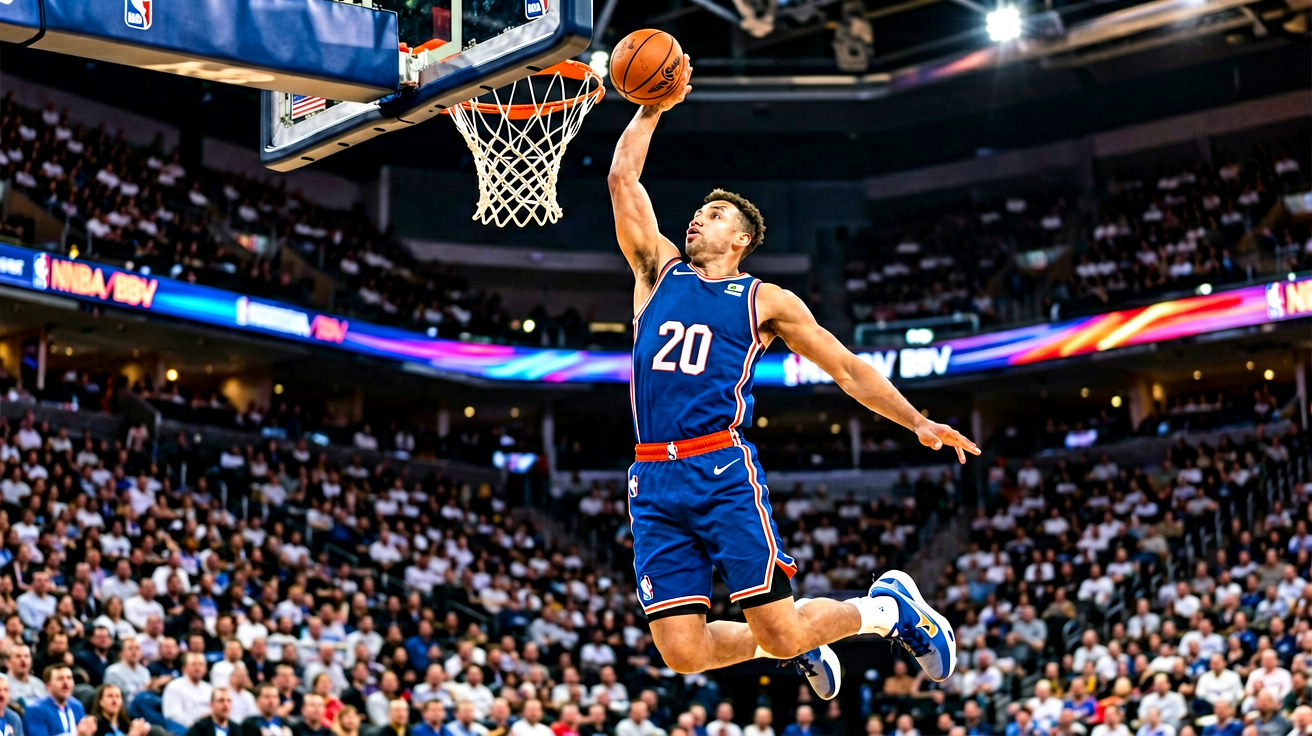 NBA比赛扣篮瞬间：球员空中完成扣篮，体现篮球运动的力量与美感
