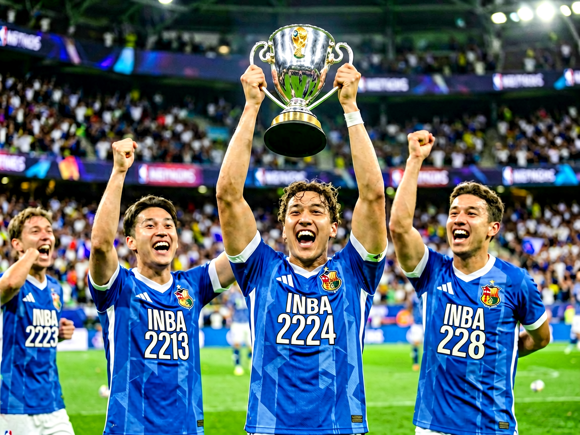国际赛事庆祝场景：球员举起奖杯，体现世界杯等国际大赛的荣耀时刻